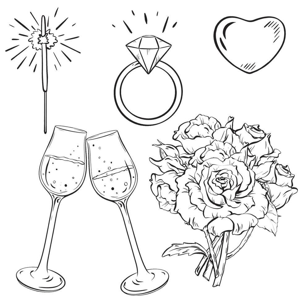 A monochrome drawing of roses, champagne glasses, a ring, and a heart vector