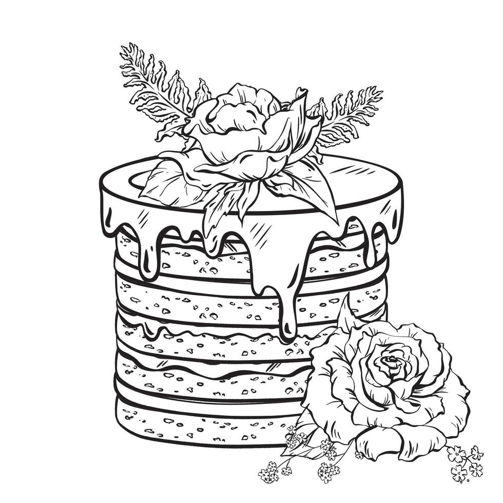 A monochrome illustration of a floraltopped cake in line art style vector