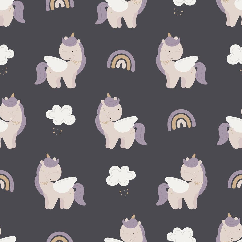 Seamless pattern with magic unicorn. For for kids design, fabric, wrapping, cards, textile, wallpaper, apparel. Isolated vector cartoon illustration in flat style.