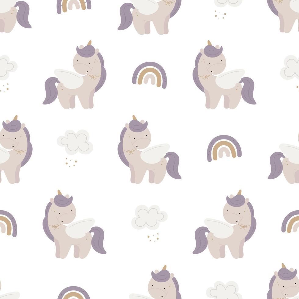 Seamless pattern with magic unicorn. For for kids design, fabric, wrapping, cards, textile, wallpaper, apparel. Isolated vector cartoon illustration in flat style on white background.