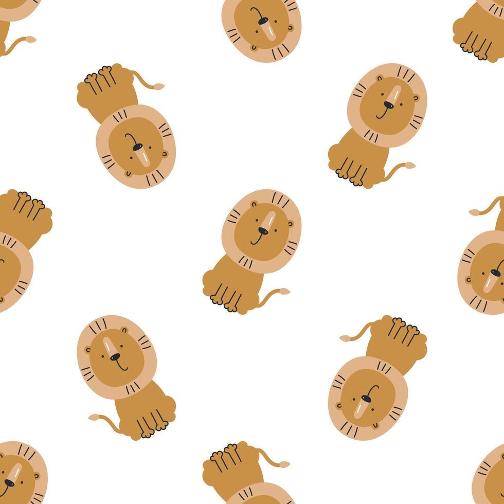 Seamless pattern with cute lion. For for kids design, fabric, wrapping, cards, textile, wallpaper, apparel. Isolated vector cartoon illustration in flat style on white background.