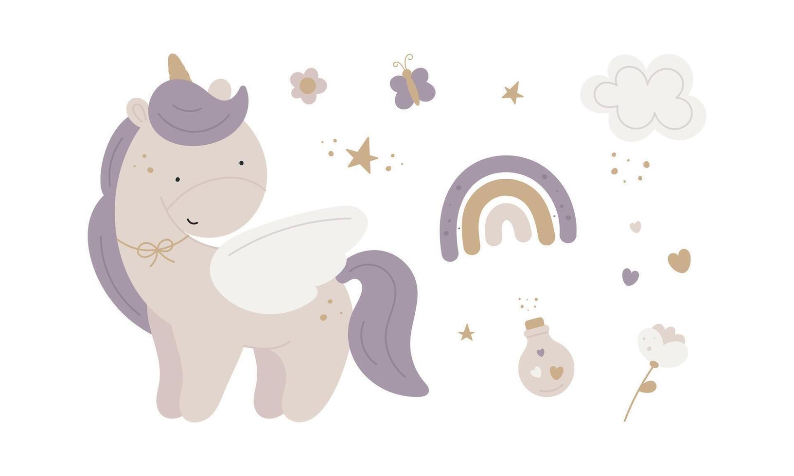 Set with magic unicorn. unicorn, rainbow, flower, star, butterfly, cloud, magic bottle. For for kids design, fabric, wrapping, cards, textile, wallpaper, apparel. Isolated vector on white background.