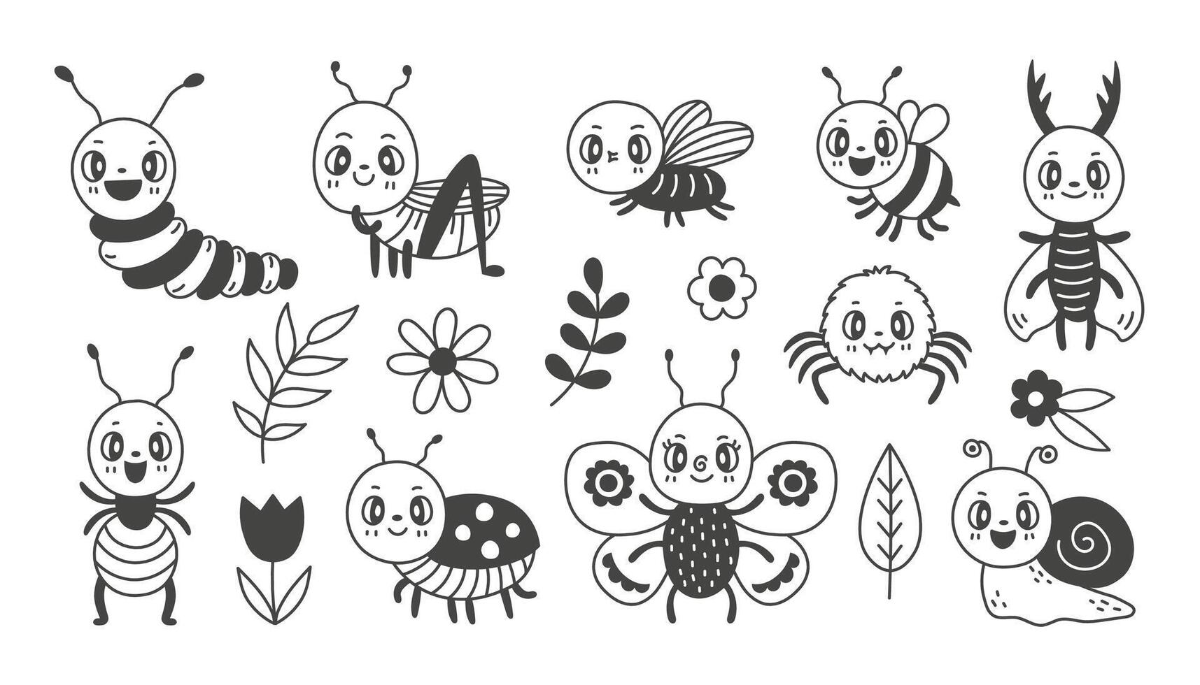 Cute insect characters set with leaves and flowers in doodle style vector