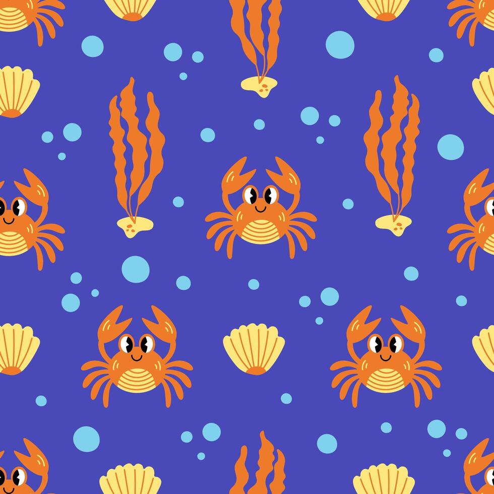 Sea seamless pattern with cute crab seaweed and bubbles vector