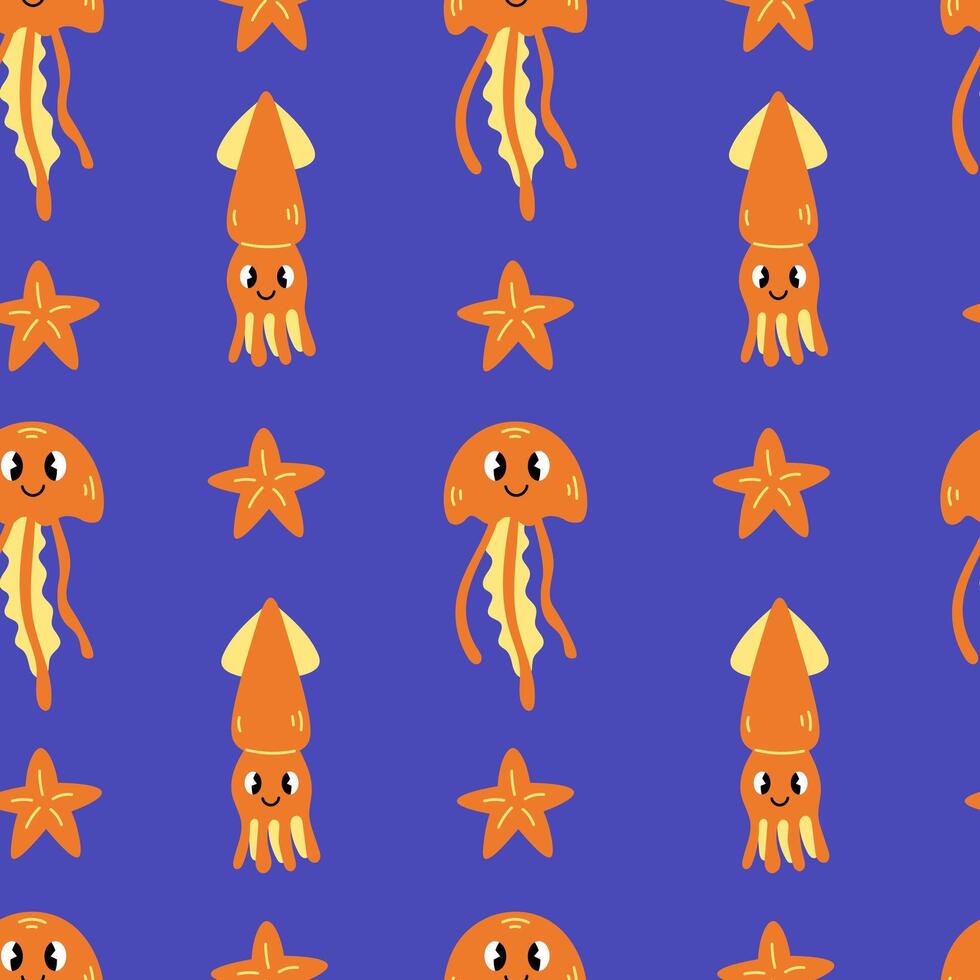 Underwater seamless pattern with cute jellyfish squid starfish vector