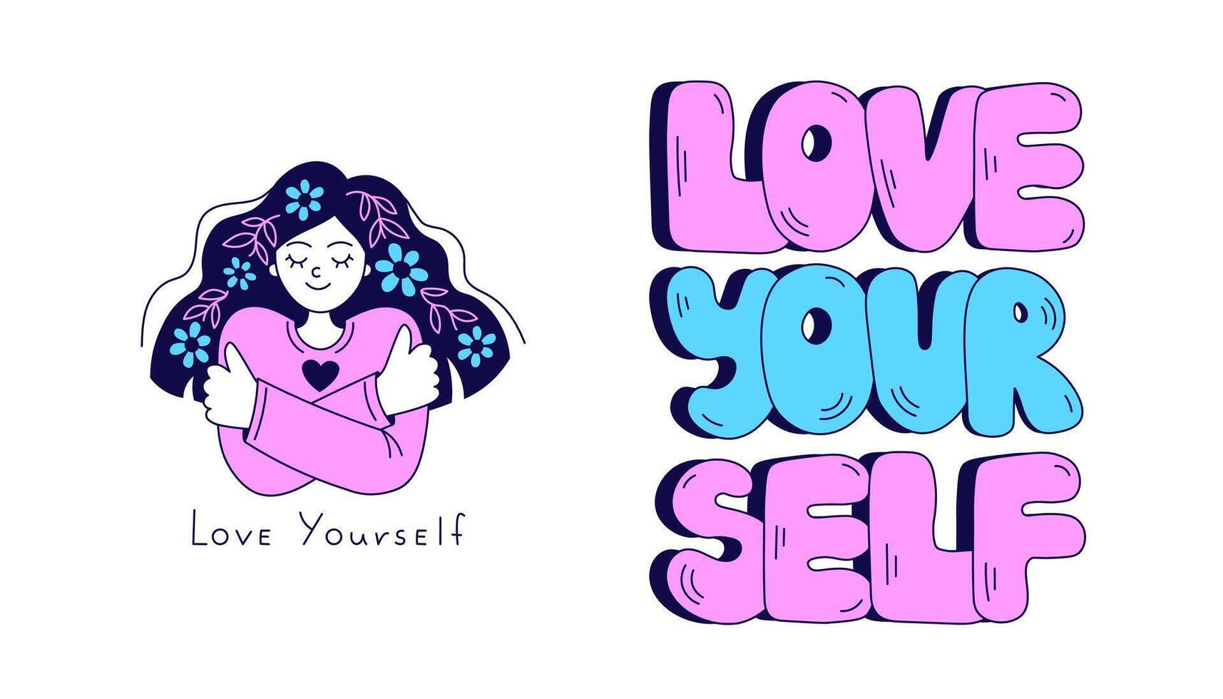 Self love lettering with hugging girl vector illustration