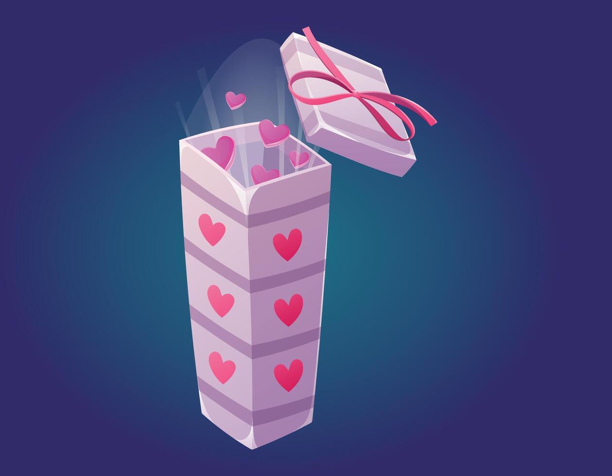 Pink gift box with a bow, open lid and hearts inside. Vector isolated cartoon gift for lover for valentines day.