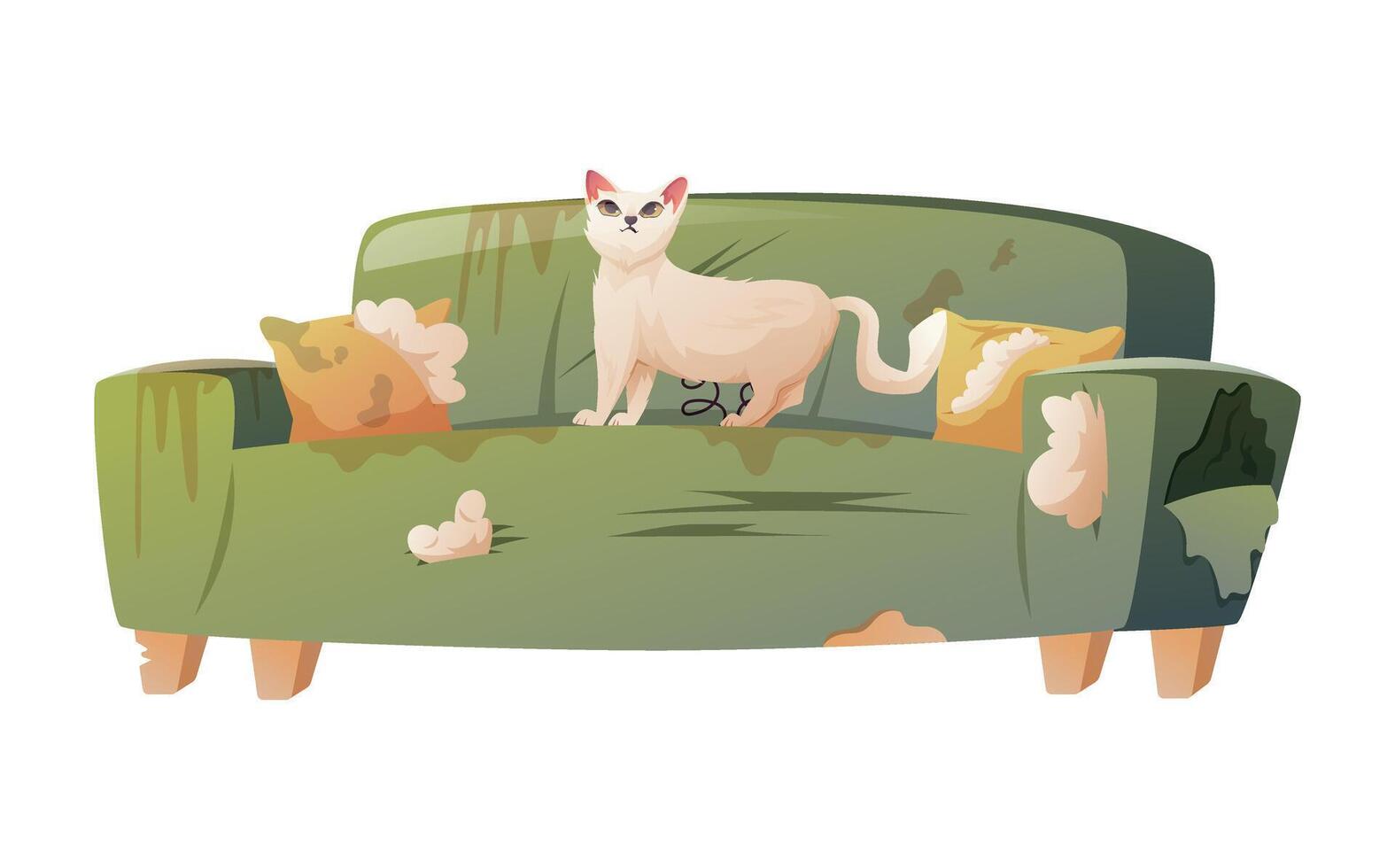 Broken, dirty home sofa, scratched by a white cat. Pet damaged furniture for living room interior. vector isolated cartoon illustration.