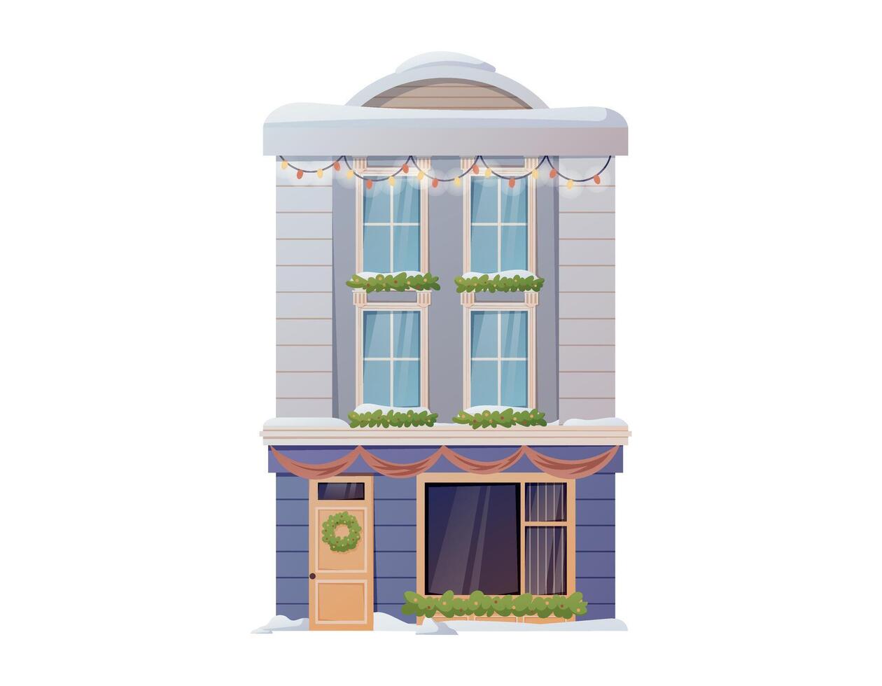 Exterior and architecture of a modern multi-storey building. Residential cartoon house in a classic style, decorated with Christmas garlands and wreaths. Vector isolated illustration.