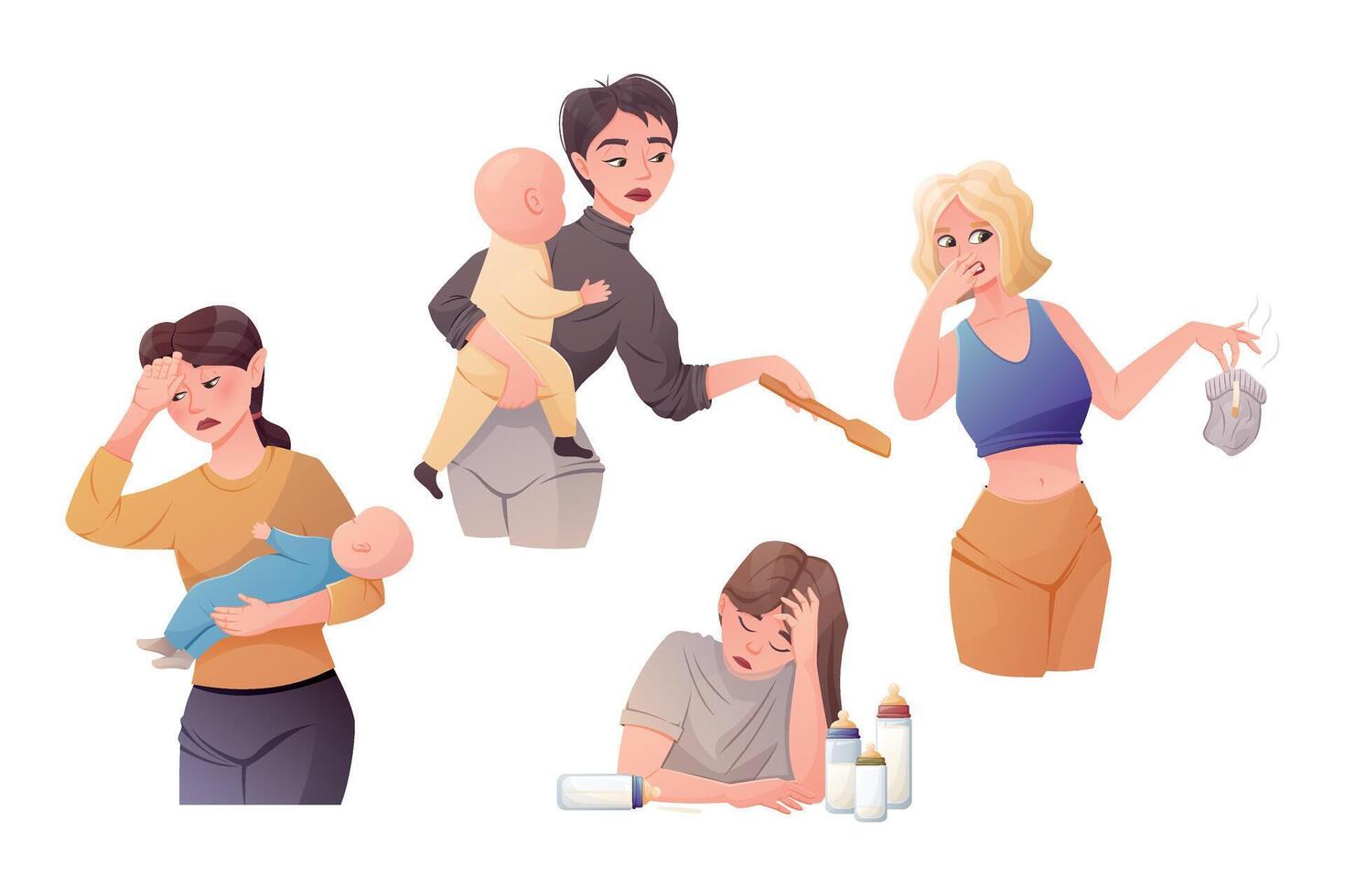 Difficulties of motherhood and postpartum depression. Tired women mothers with babies in their arms. Doing household chores with newborns. Set of vector cartoon isolated illustrations.