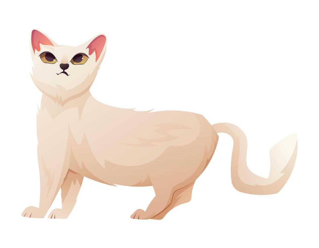 White standing domestic cat, vector isolated cartoon illustration.