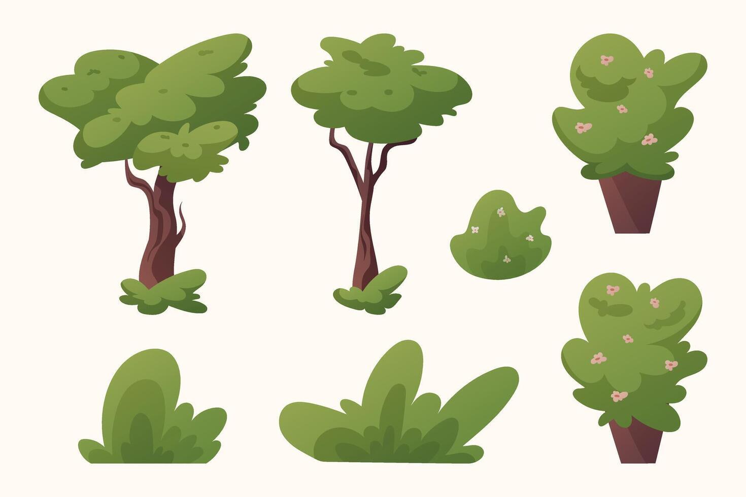 colección de aislado dibujos animados vector arboles y arbustos verano verde plantas.