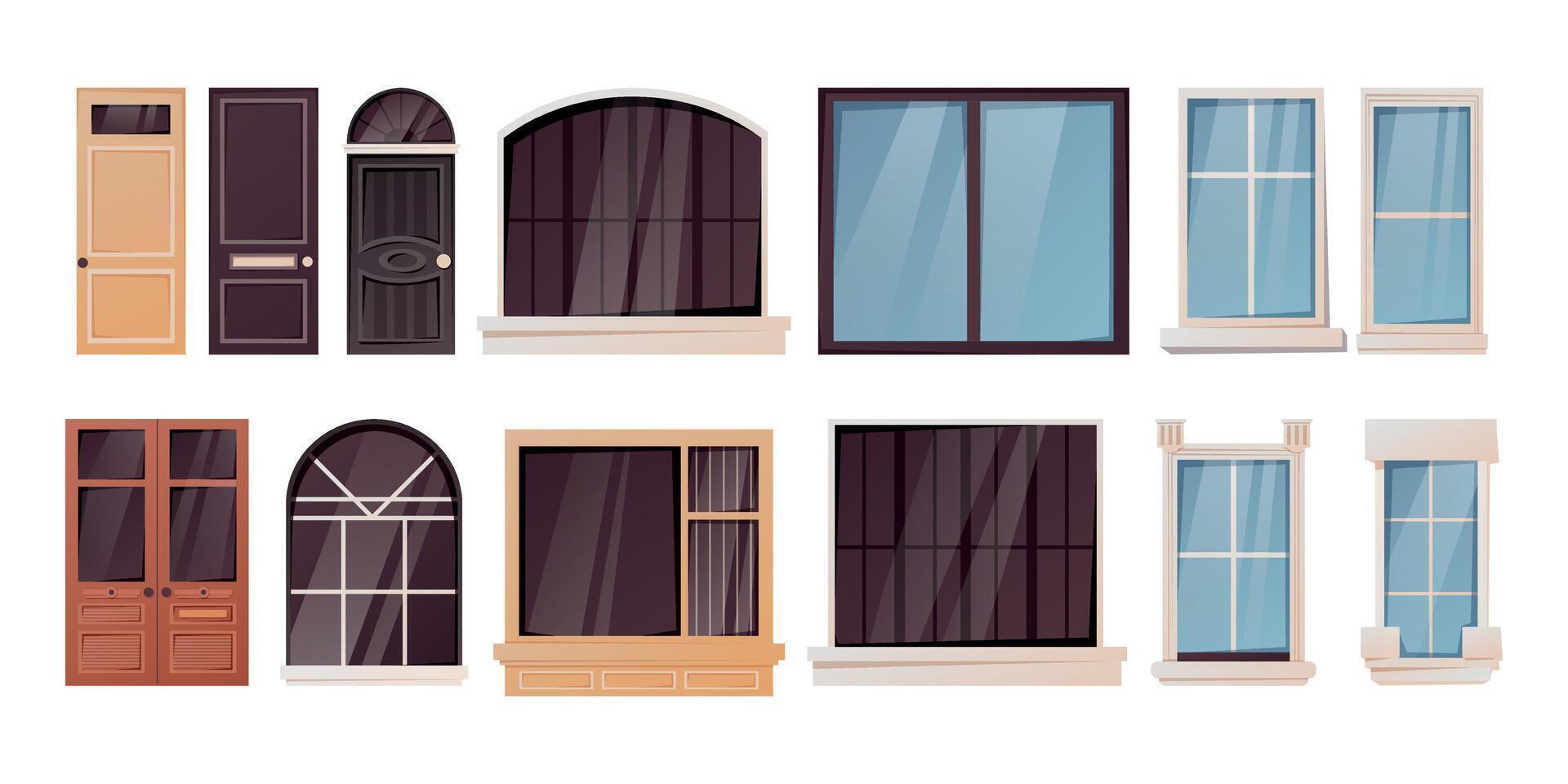 Set of windows and doors for house exterior. Building interior decoration. Vector collection of isolated cartoon architecture design elements.