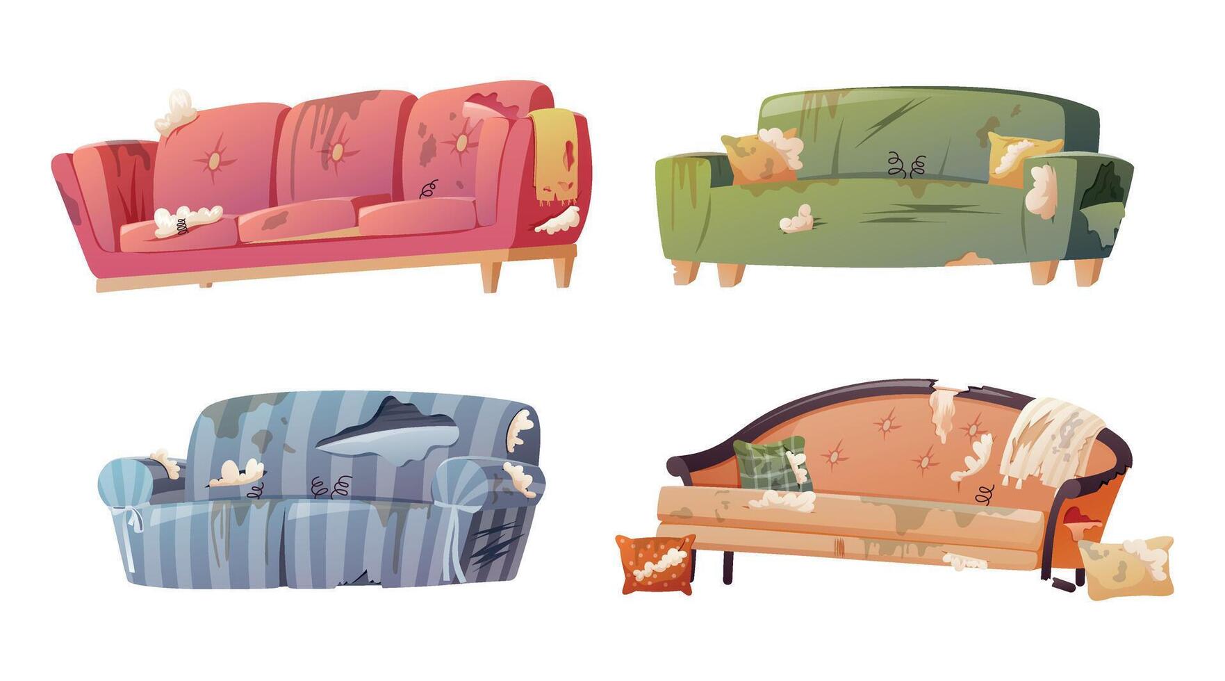 Set of broken, torn and dirty home sofas. Damaged furniture for the interior of the living room. Vector isolated cartoon illustration collection.