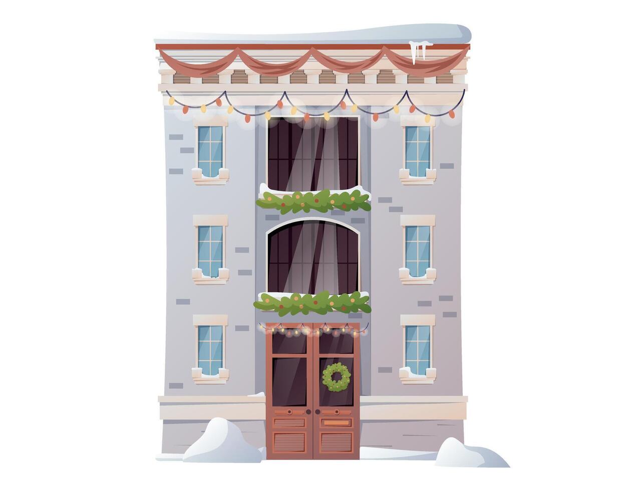 Exterior and architecture of a modern multi-storey building. Residential cartoon house in a classic style, decorated with Christmas garlands and wreaths. Vector isolated illustration.