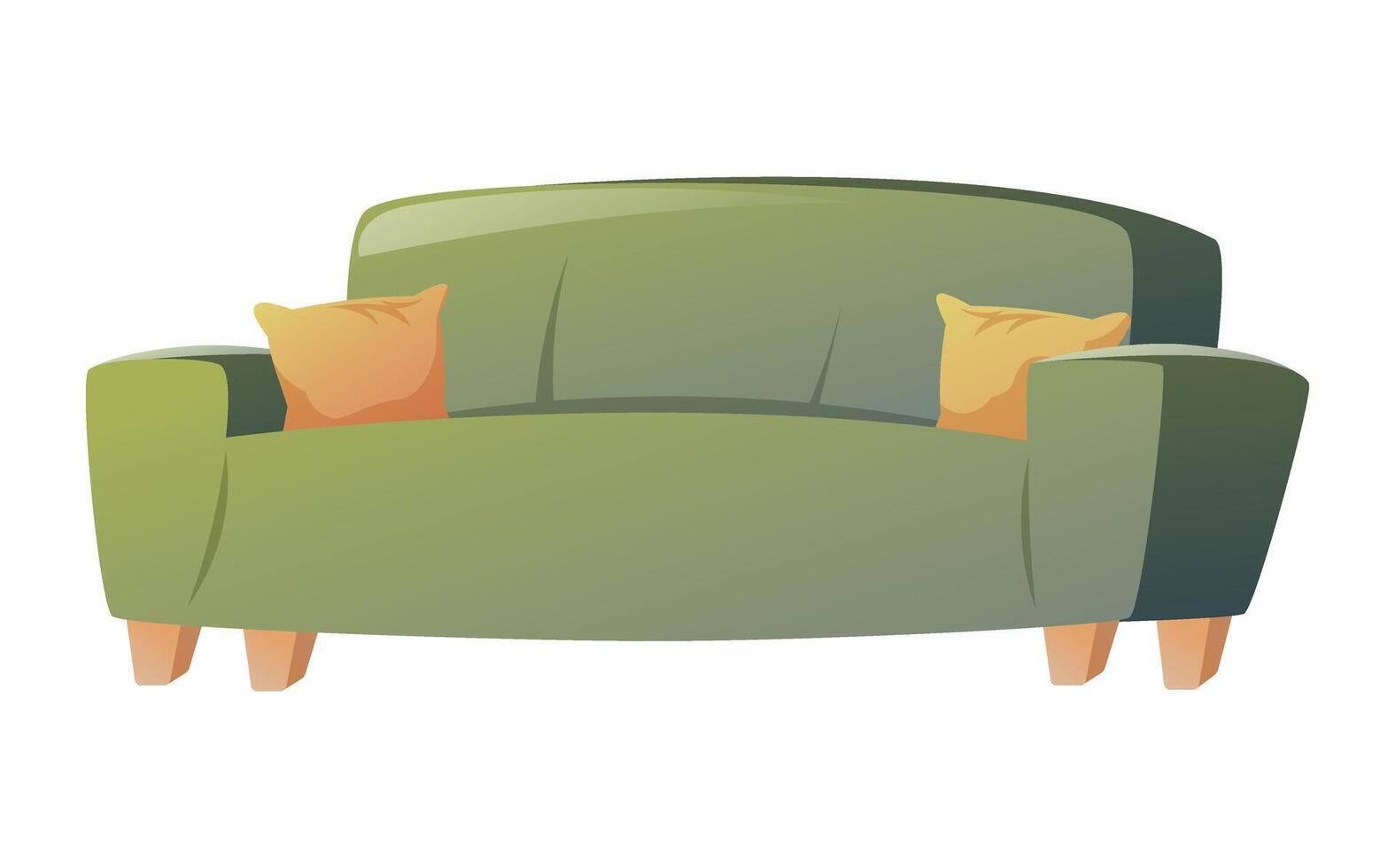 Soft comfortable home green sofa with pillows. Living room interior decoration. Vector isolated cartoon illustration.