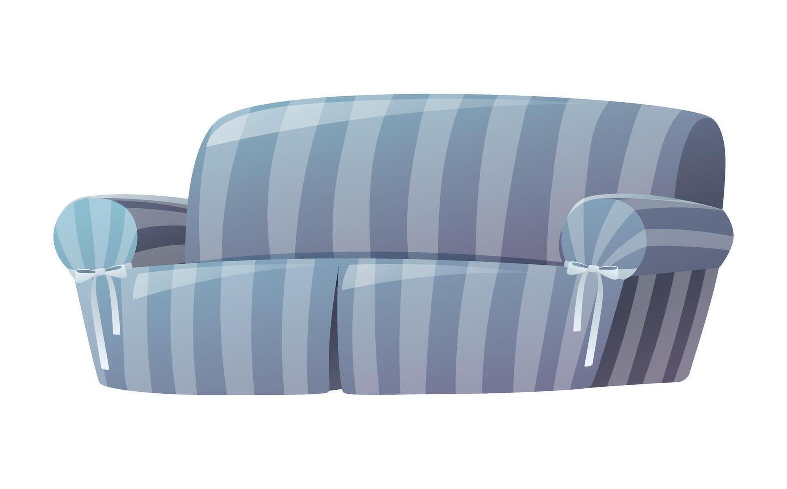 Soft comfortable home blue striped sofa. Living room interior decoration. Vector isolated cartoon illustration.