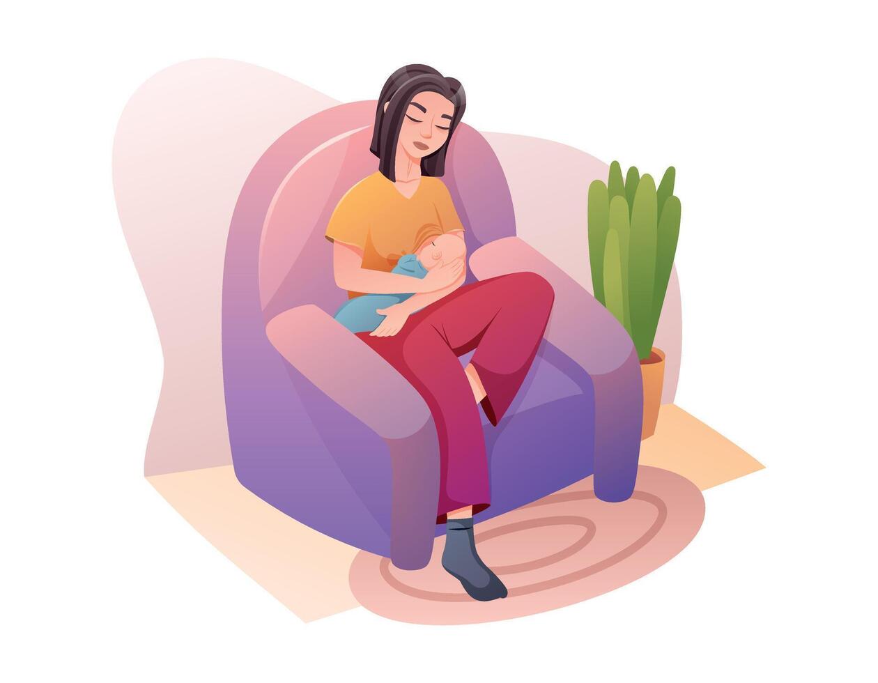 joven cansado mujer sentado en un silla y amamantamiento un bebé. difícil maternidad concepto. vector aislado dibujos animados ilustración.