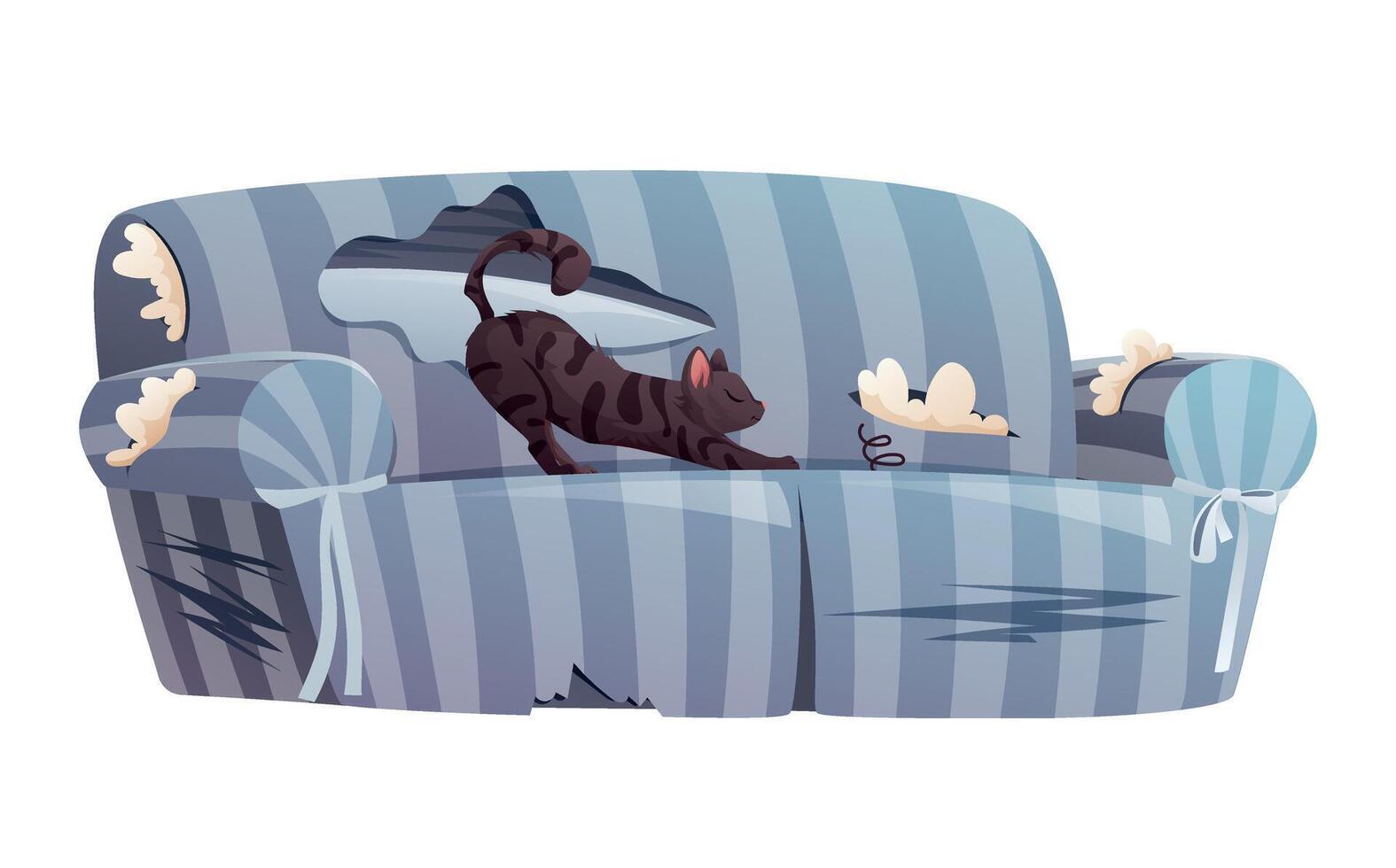 Broken, dirty home sofa, scratched by a black cat. Pet damaged furniture for living room interior. vector isolated cartoon illustration.