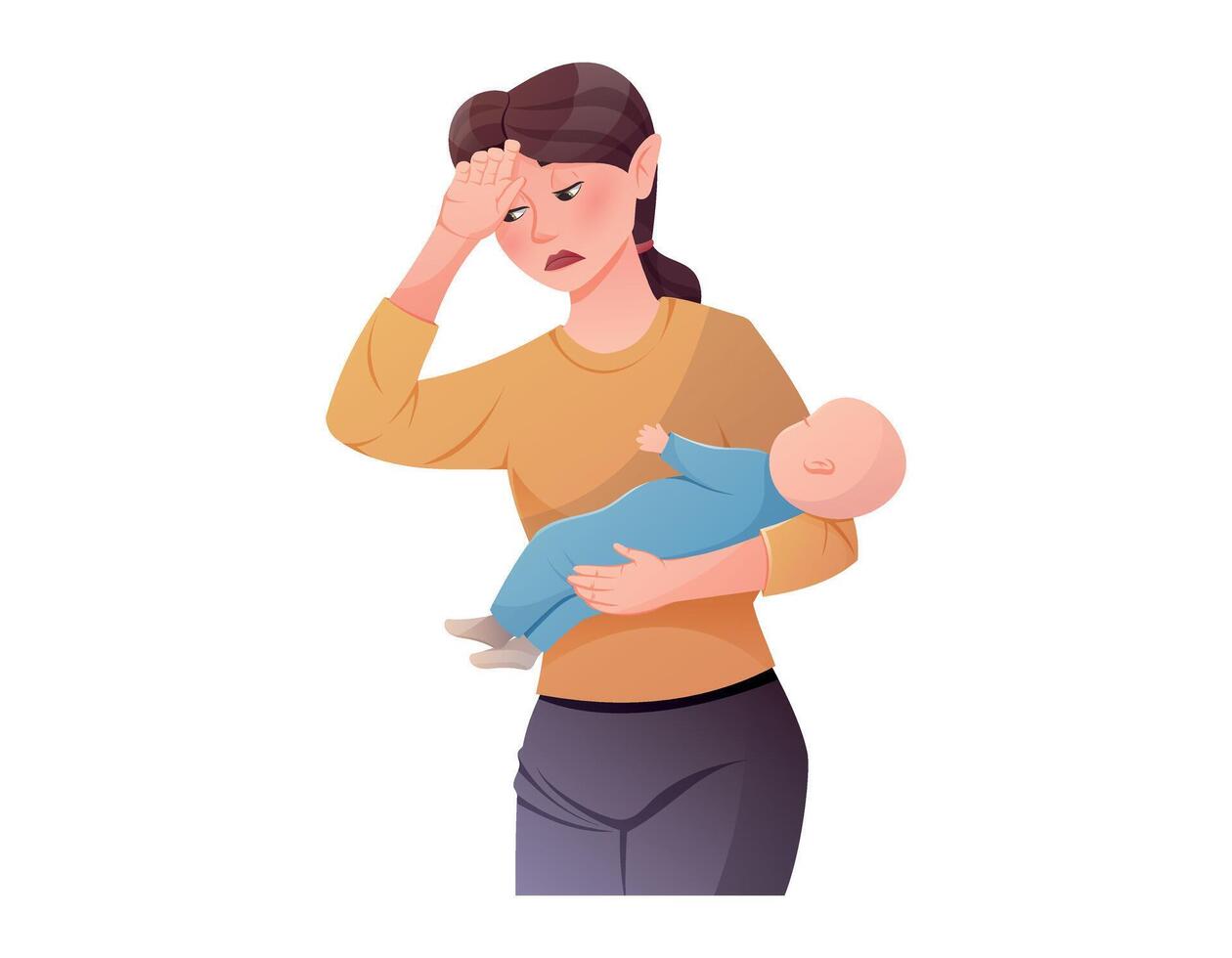 Tired mother holding a sleeping baby in her arms. A woman experiencing difficulties of motherhood or postpartum depression. Vector isolated cartoon illustration.