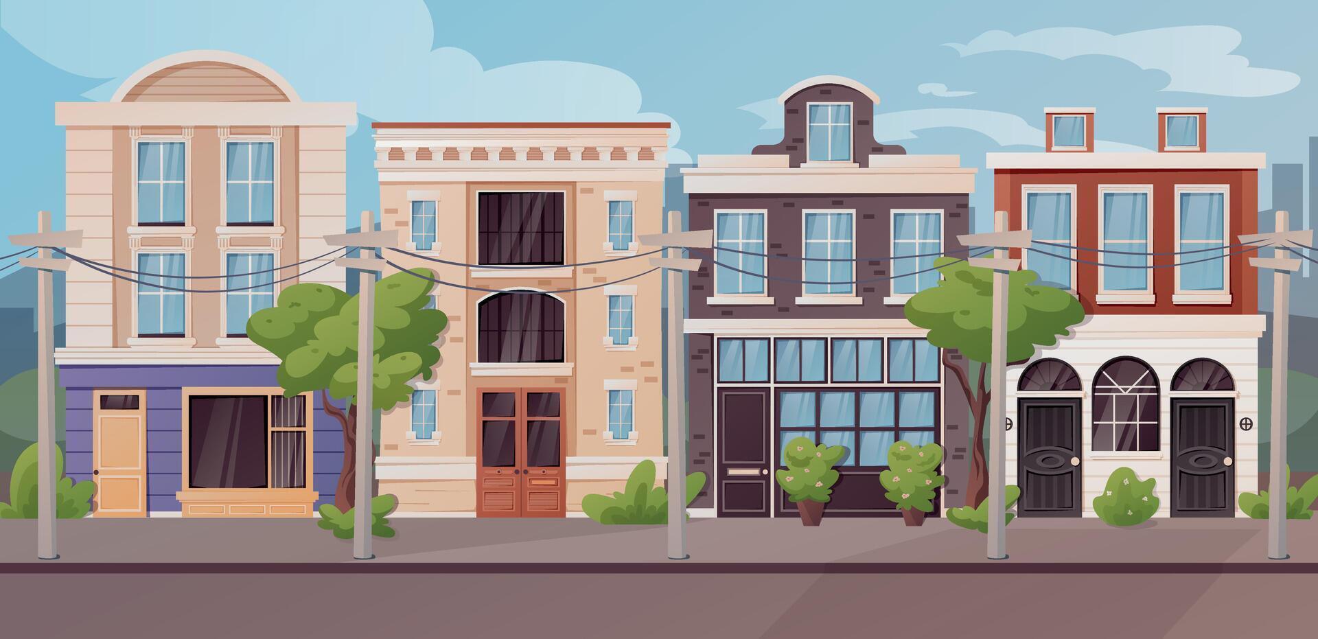 Vector horizontal city background. Exterior of classic houses. Architecture of buildings on a suburban street. Summer town landscape.