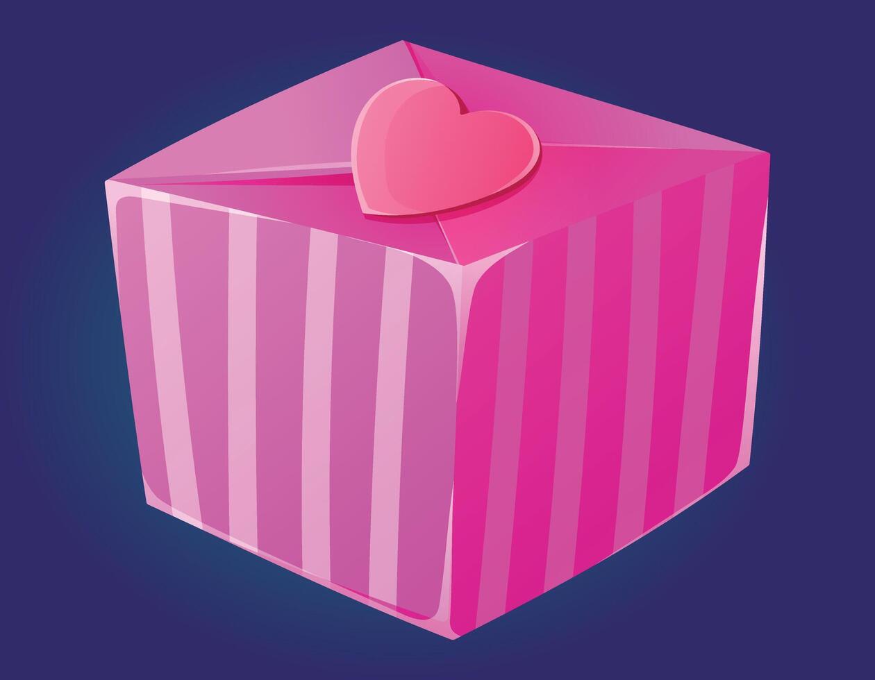 Pink striped gift box with lid and heart. Vector isolated cartoon illustration of a present for Valentine's day or other holiday.