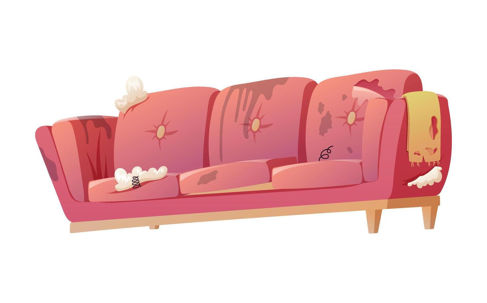 Broken and dirty home red sofa. Damaged furniture for the interior of the living room. Vector isolated cartoon illustration.