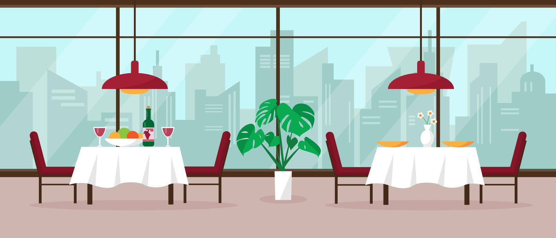 Modern restaurant interior with big panoramic window and city view. Interior concept vector illustration or background.