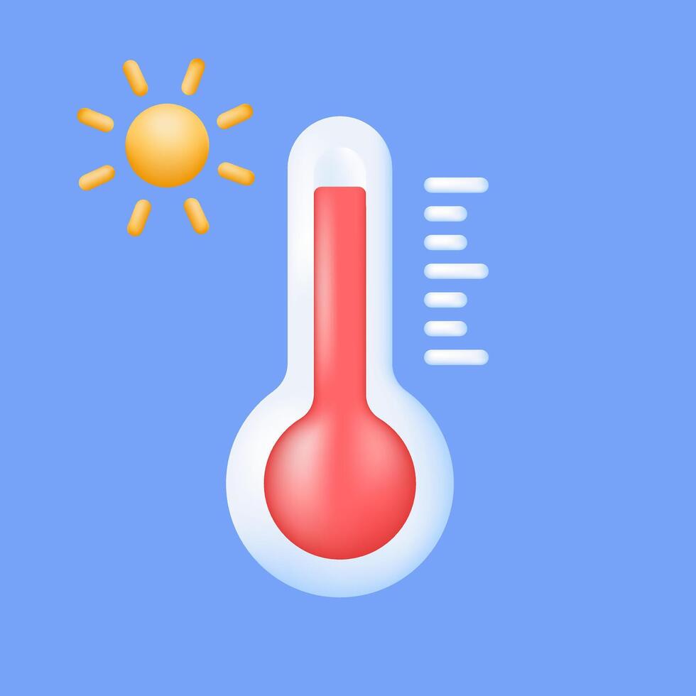 3D Thermometer measuring heat. Hot weather sign. Meteorological thermometer icons. Measure temperature, forecast, climate and meteorology concept. Vector illustration on blue background.