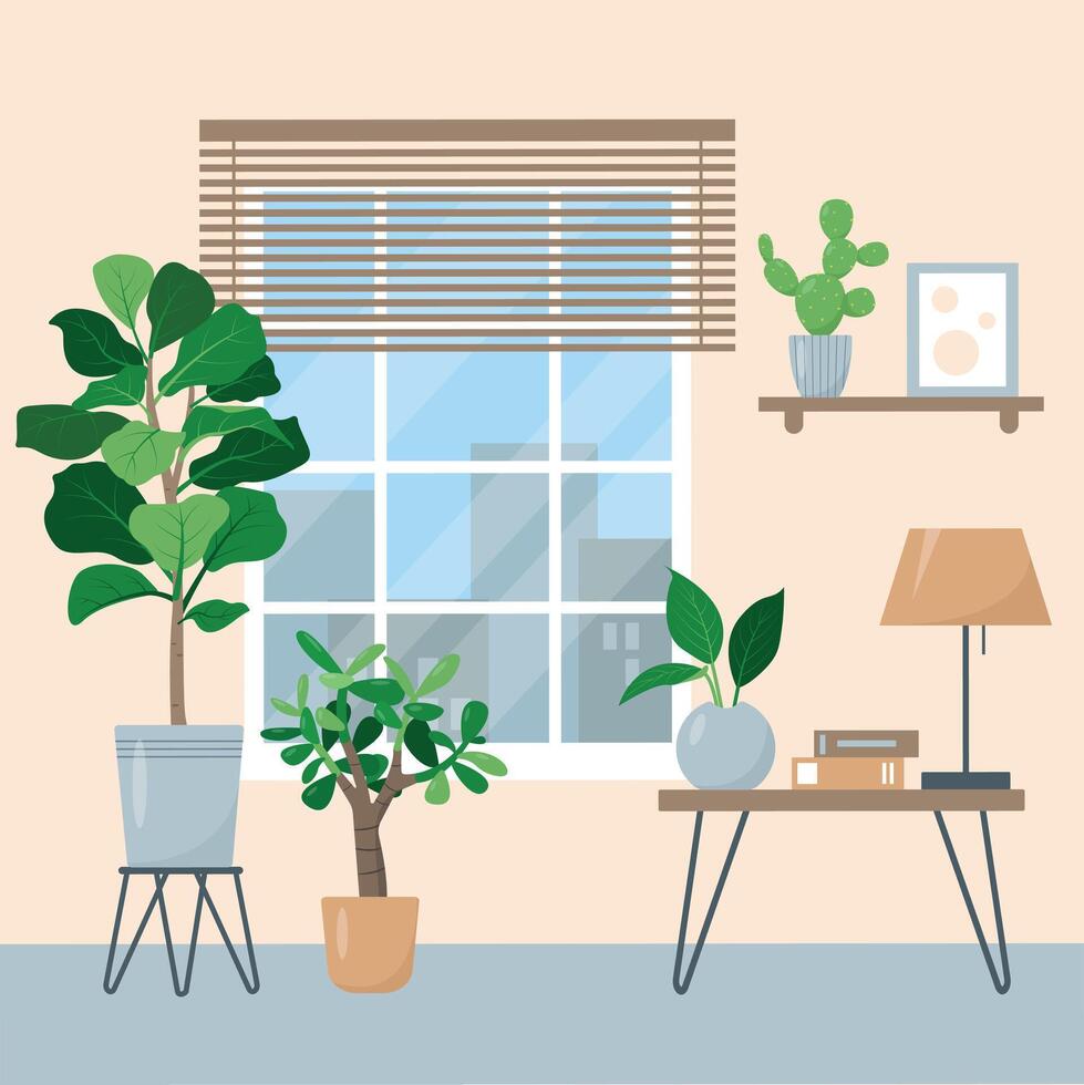 acogedor hogar interior con grande ventana y interior plantas. moderno casa o Departamento con plantas de casa y mueble. plano o dibujos animados vector ilustración.