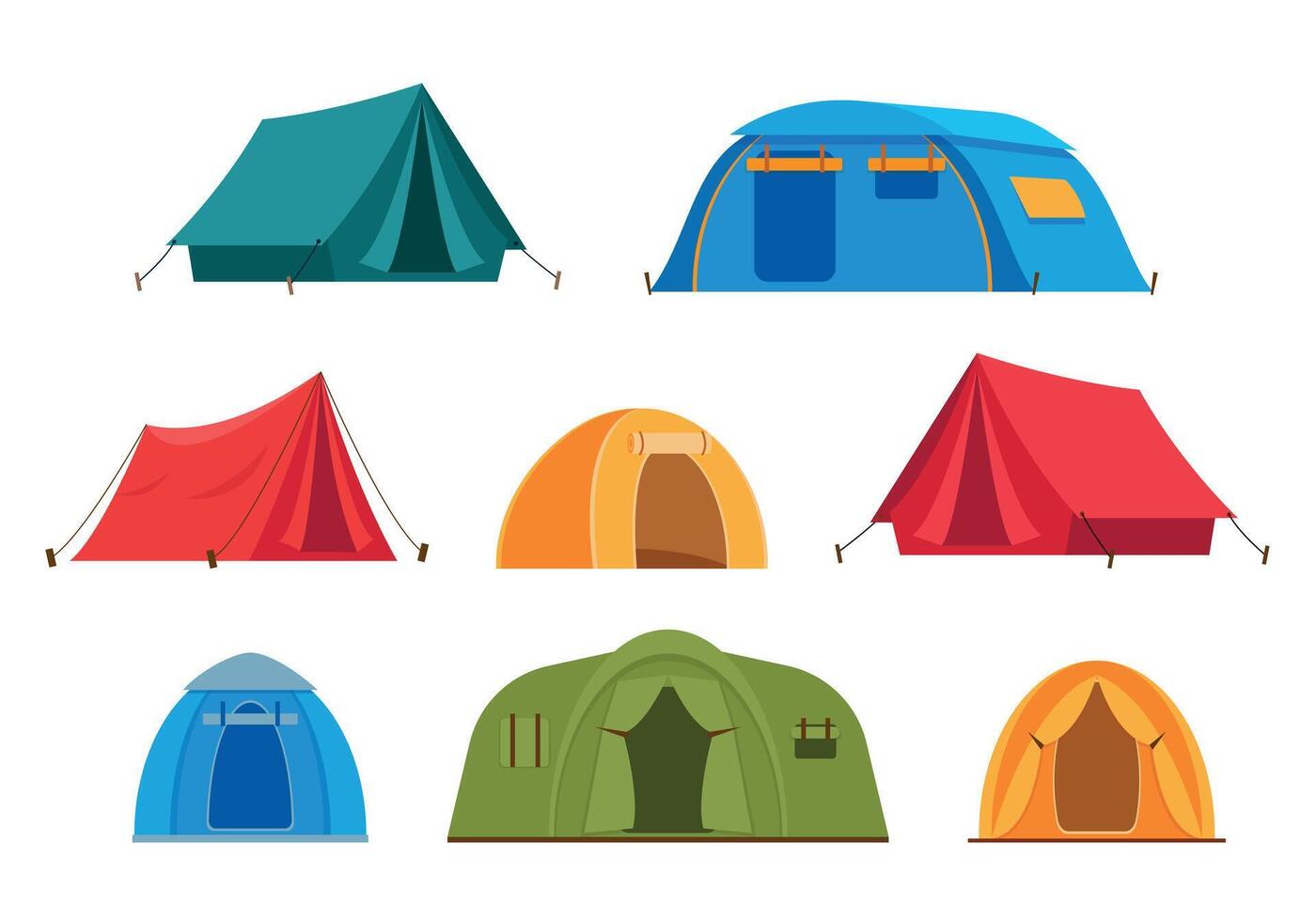 conjunto de turista acampar carpas aislado en blanco antecedentes. excursionismo y cámping equipo iconos vector ilustración.