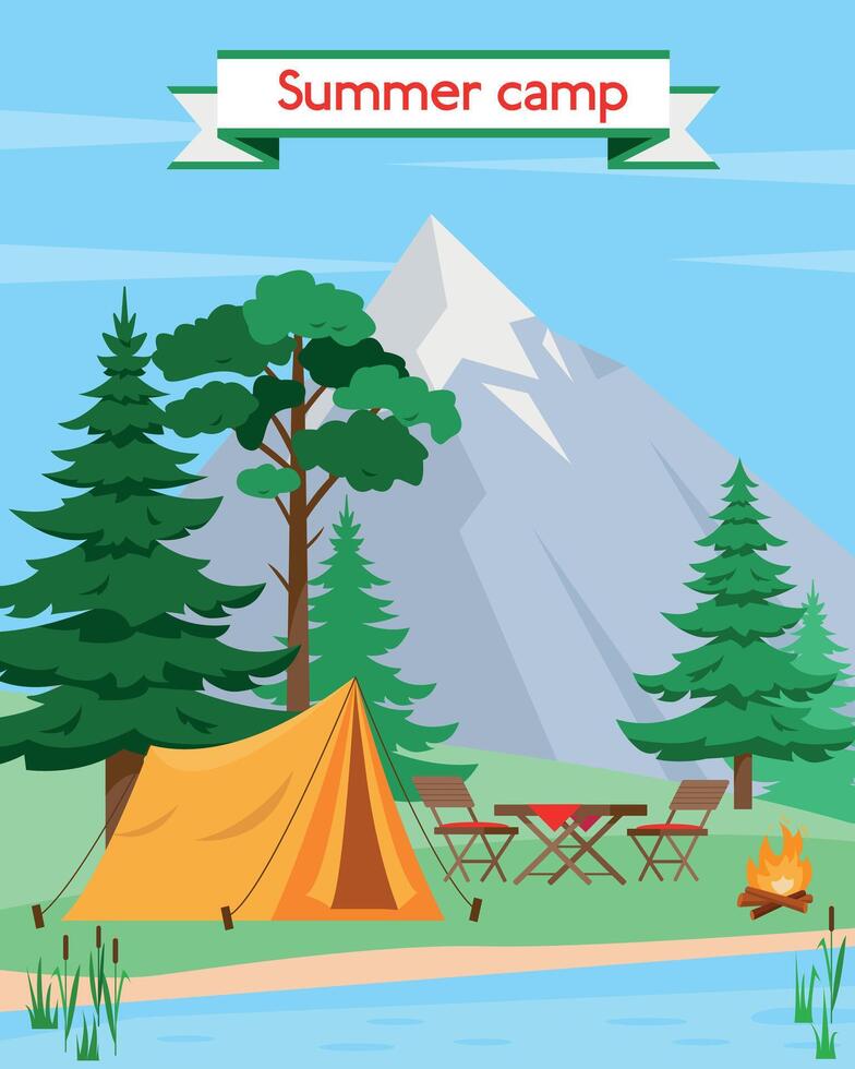 Summer or spring landscape with mountain, forest, lake and camping tents. Tourist Camping concept. . Vector banner or poster illustration.