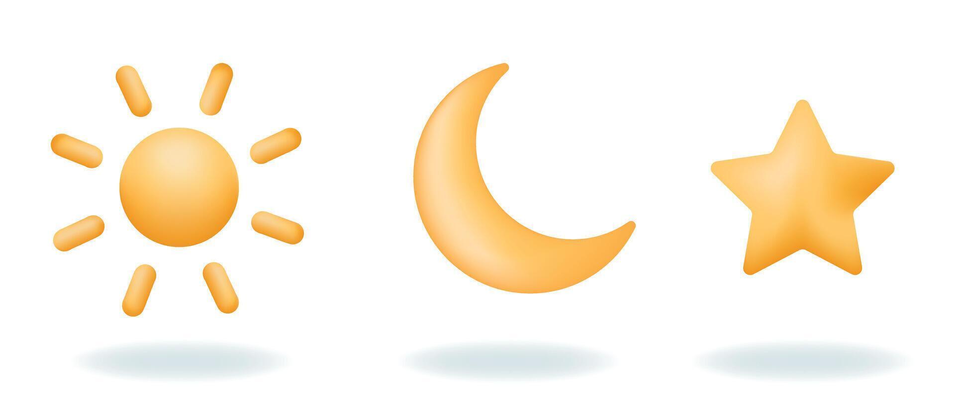 3d weather or forecast elements. Sun, moon and star icons. Vector illustrations isolated on white background.