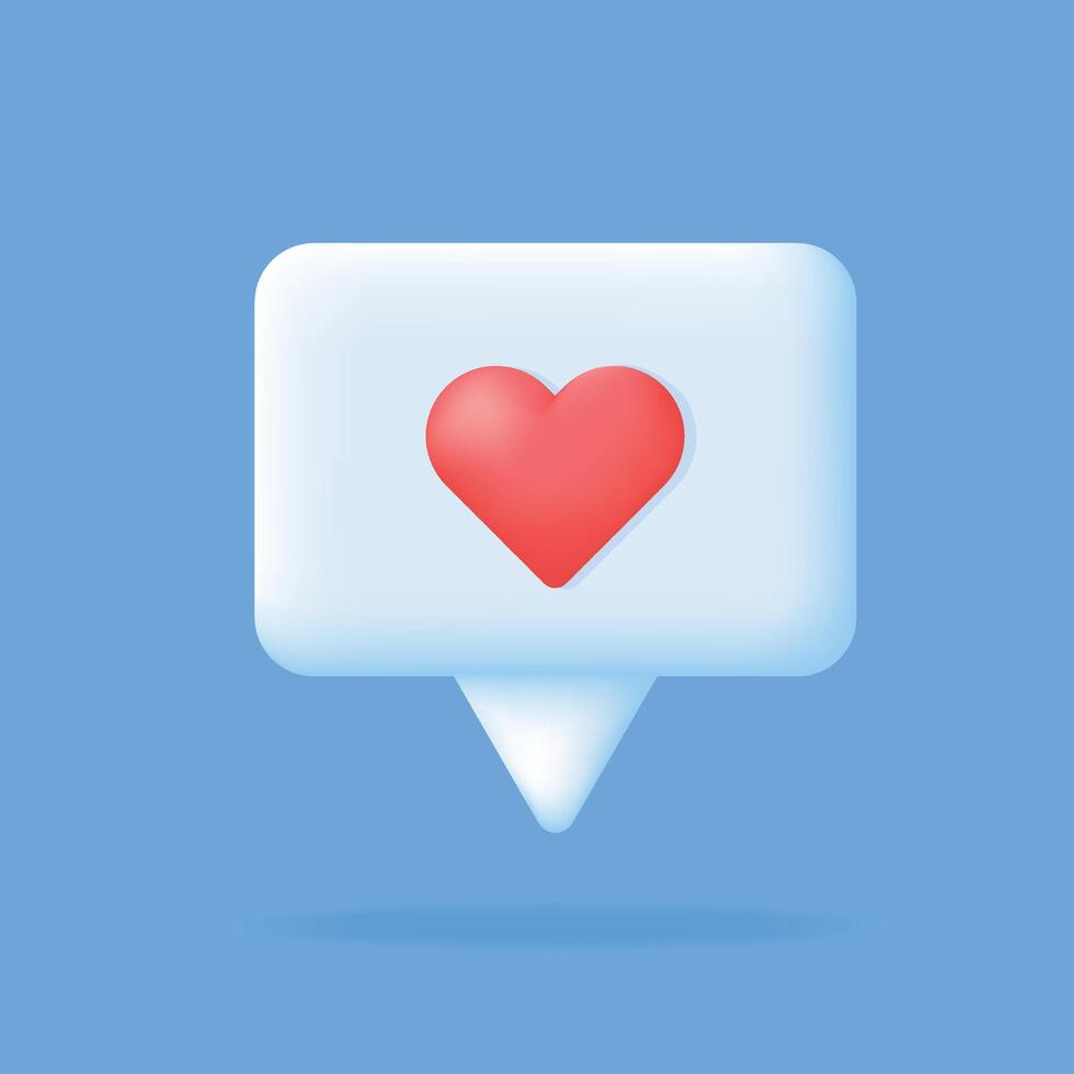 3d charla burbuja con rojo corazón icono. amor mensaje, me gusta notificación, red cliente comunicación concepto. blanco social medios de comunicación burbuja en azul antecedentes. vector ilustración.