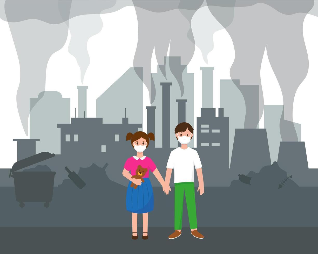 aire contaminación problema en grande ciudad. dos niños y silueta de moderno ciudad con rascacielos, suerte y basura. contaminación de ciudades concepto. urbano paisaje vector ilustración.