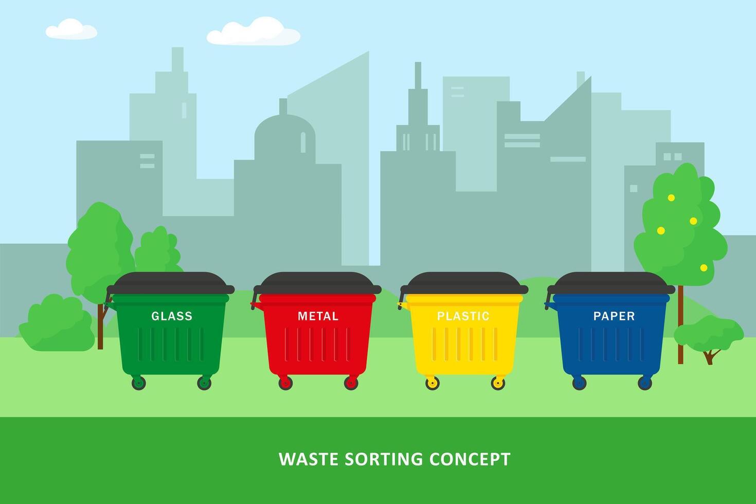 Waste sorting and recycling concept. City landscape and containers for garbage. Vector illustration.