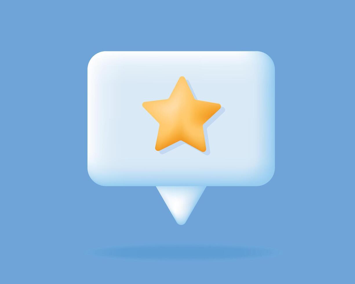 3d Chat bubble with yellow star icon. Customer rating feedback, network client communication concept. White social media bubble on blue background. Vector illustration.