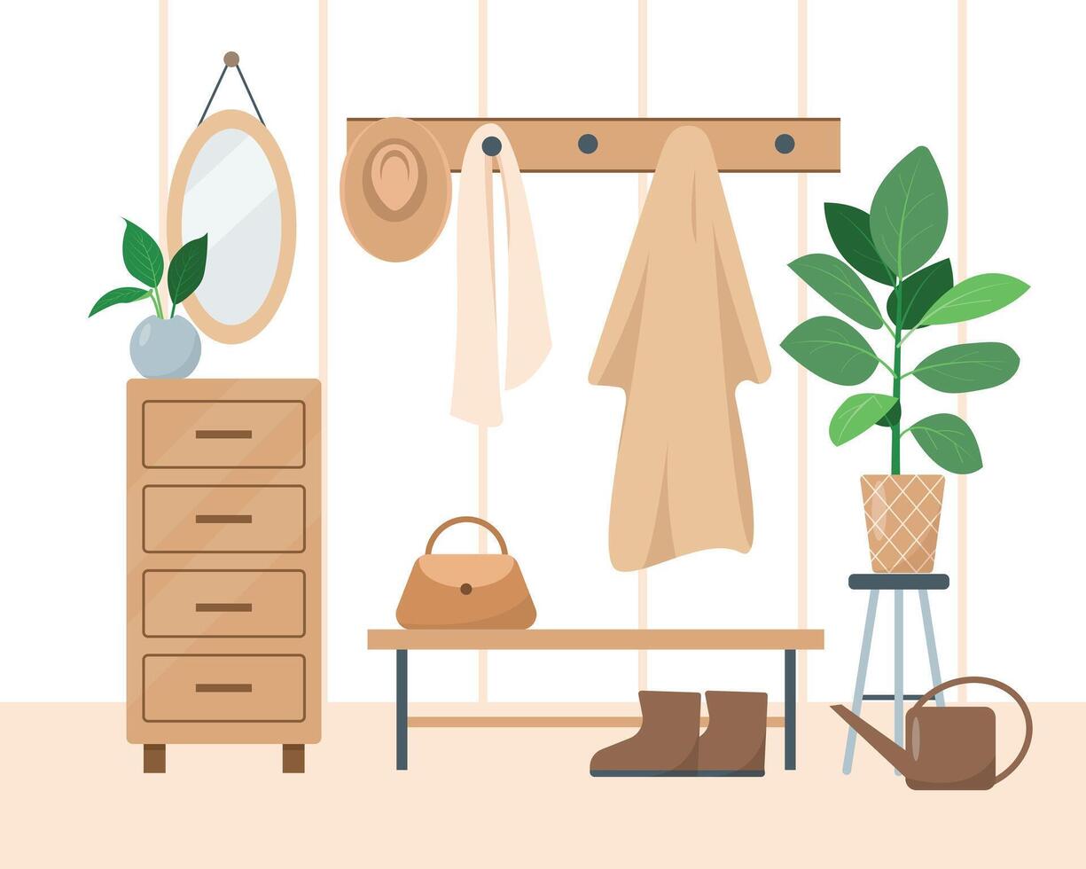 acogedor pasillo interior en de moda escandic higge estilo. moderno casa antecámara o vestíbulo con plantas de casa y mueble. plano o dibujos animados vector ilustración.