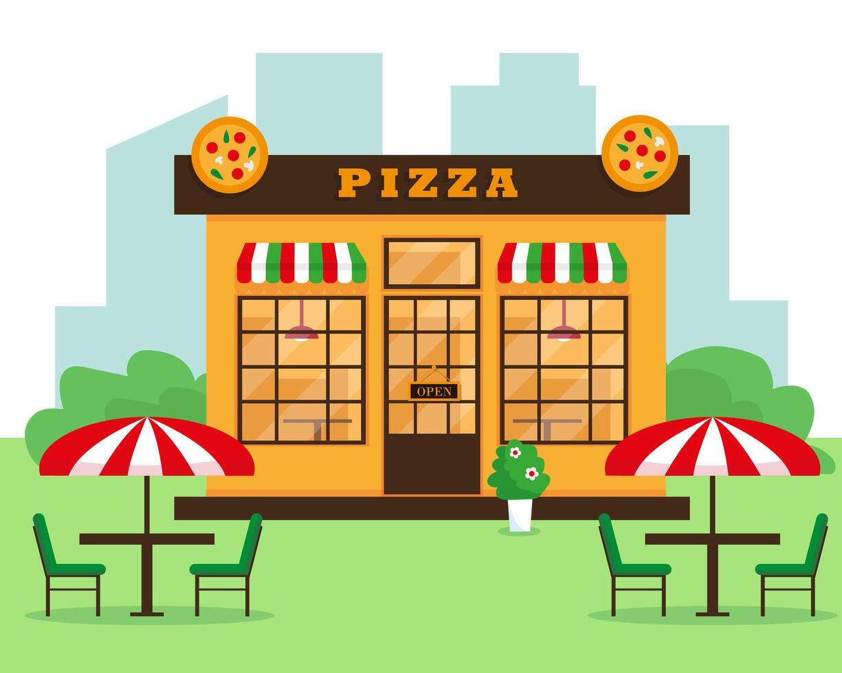 Pizza restaurante edificio en ciudad. vector ilustración.