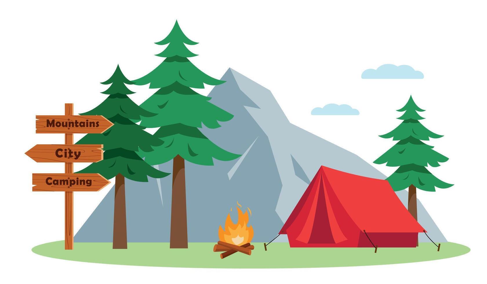 Tourist camping landscape with camping tent, mountains, fir trees and bonfire. Sports, adventures in nature, recreation and tourism banner. Vector poster flat illustration.