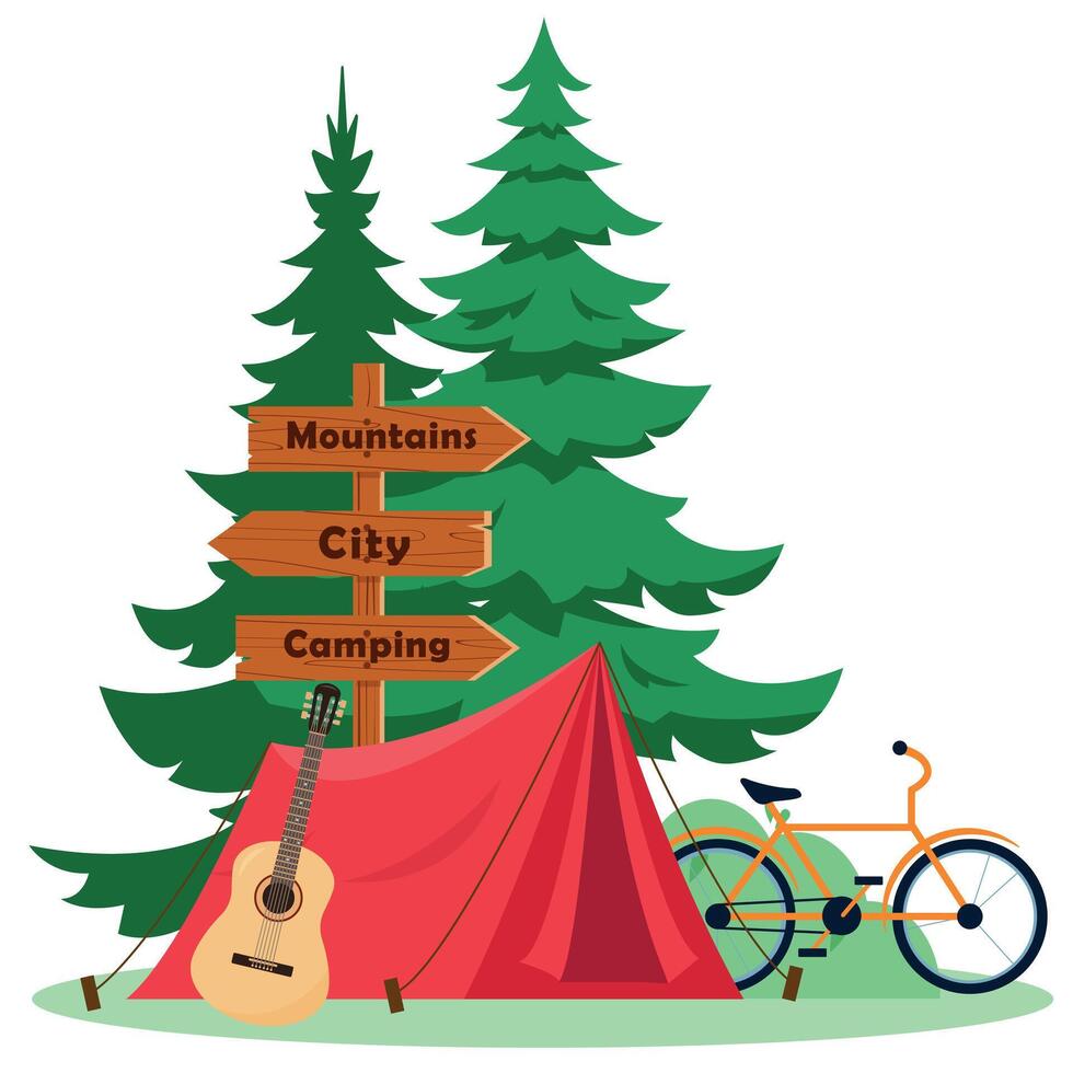 verano acampar composición, concepto o bandera. cámping tienda con guitarra, abeto arboles y bicicleta. Deportes, aventuras en naturaleza, recreación y turismo vector póster plano ilustración.