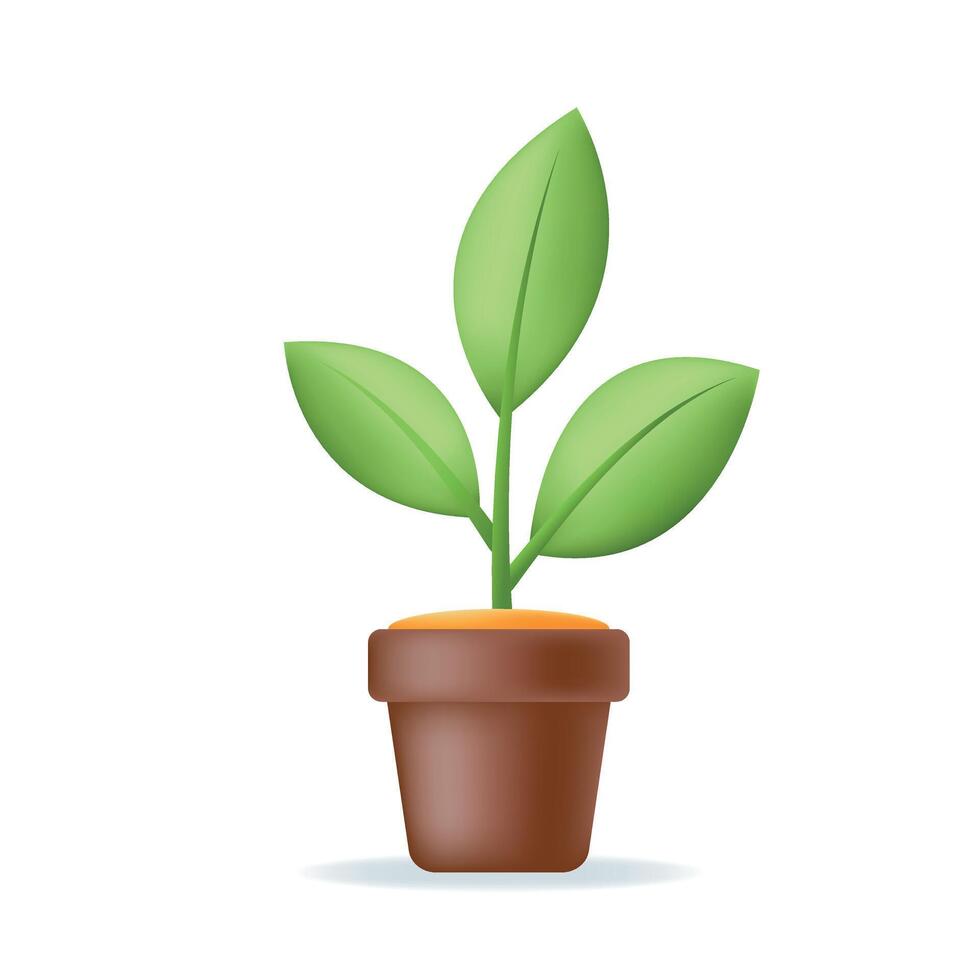 3d house plant with leaves in pot. Flower icon isolated on white background. Gardening or nature concept. Vector illustration.