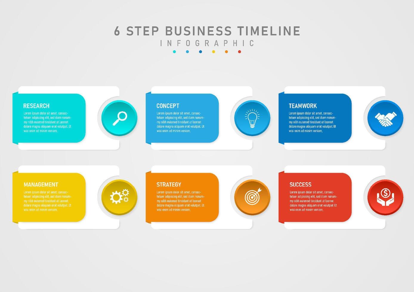 Infographic 6 steps business planning for success template multi colored squares The center text is on a white square. On the right side there is a multi-colored circle with a white icon in the middle vector