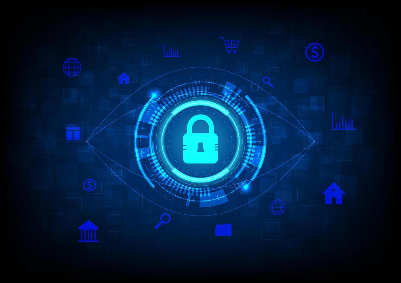 Abstract Technology Background Security system by scanning eyes to enter Big data and internet has tech circles in the center with glowing keys icons scattered around a blue gradient background. vector