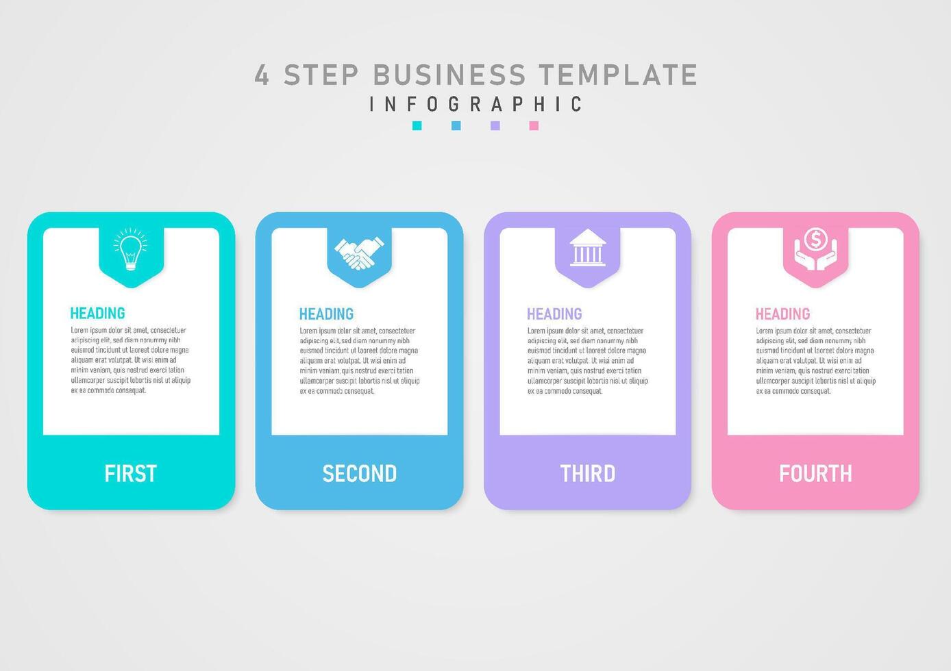 Infographic 4 step business template, multi-colored pastel squares in the middle of a white square. The upper center letter has a white icon on a pointed square on a gray gradient background. vector