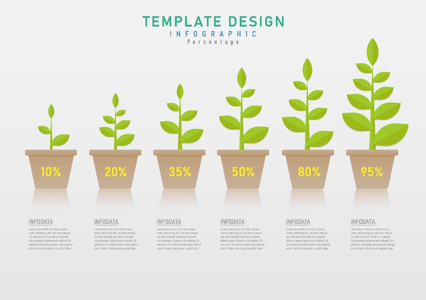 infographic template A brown pot with a percentage number in the middle and a reflection on the bottom, green plants of various sizes above. The letters below have a gray gradient background. vector