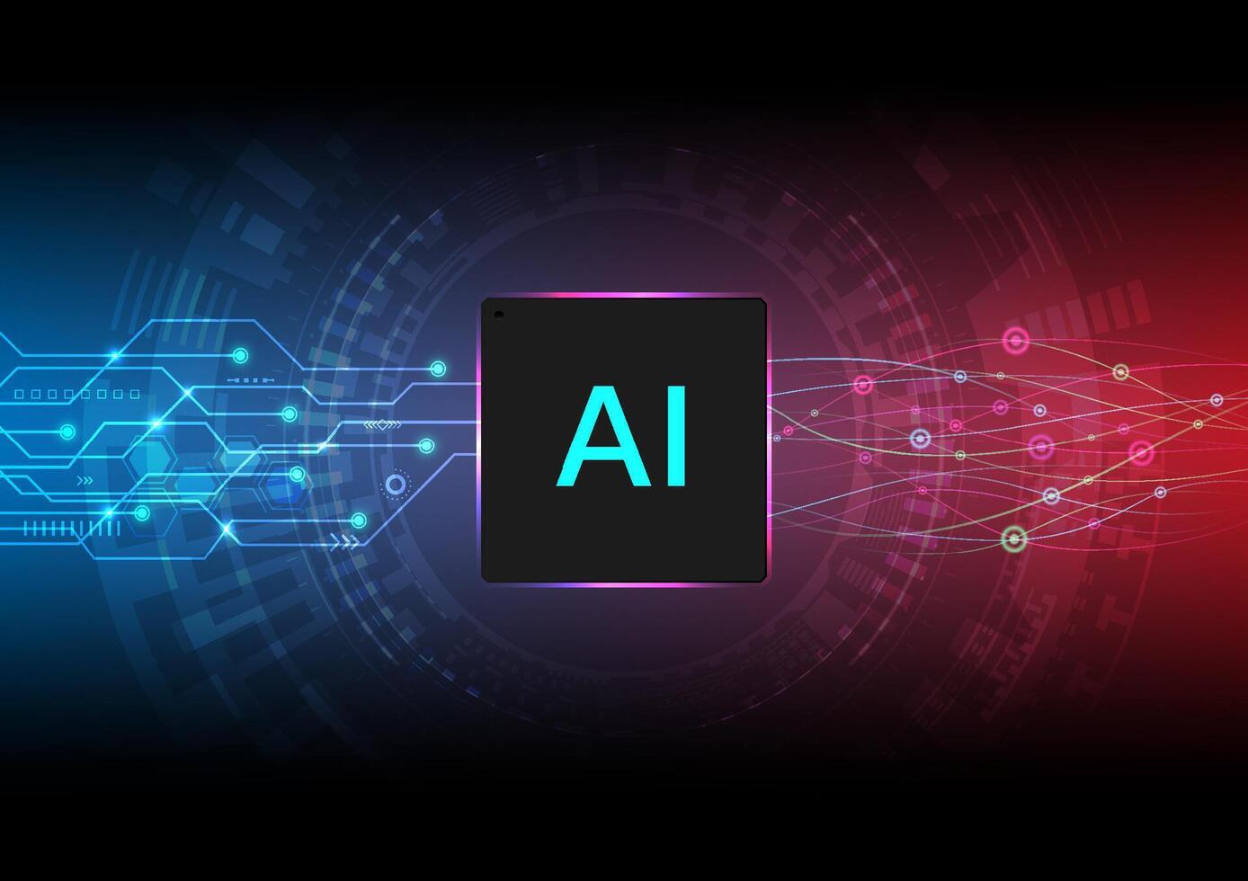 Abstract Technology Background Artificial Intelligence Future innovation The microchip in the bottom center has a tech circle on the left, a circuit pattern on the right, lines and light circles. vector