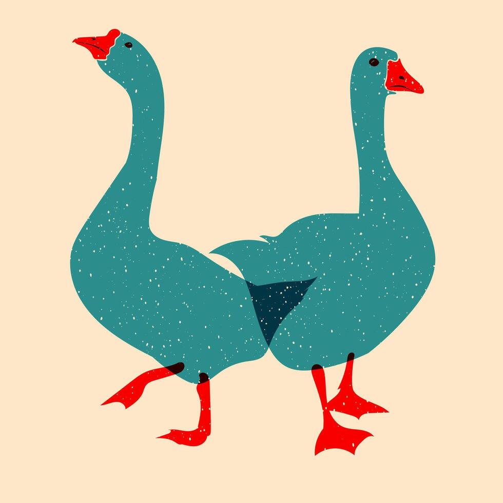 Duck, goose. Design for print, sticker, party decoration, logo, emblem, magazine prints or journal article, t-shirt design, poster. Vector illustration with Riso print effect