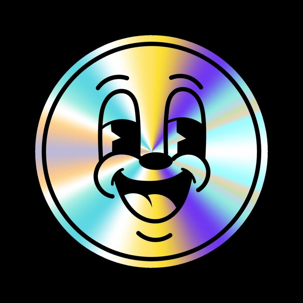 Holographic sticker with cartoon face in a trendy retro y2k style. Vector Graphic with textured foil effect. Emocion sticer