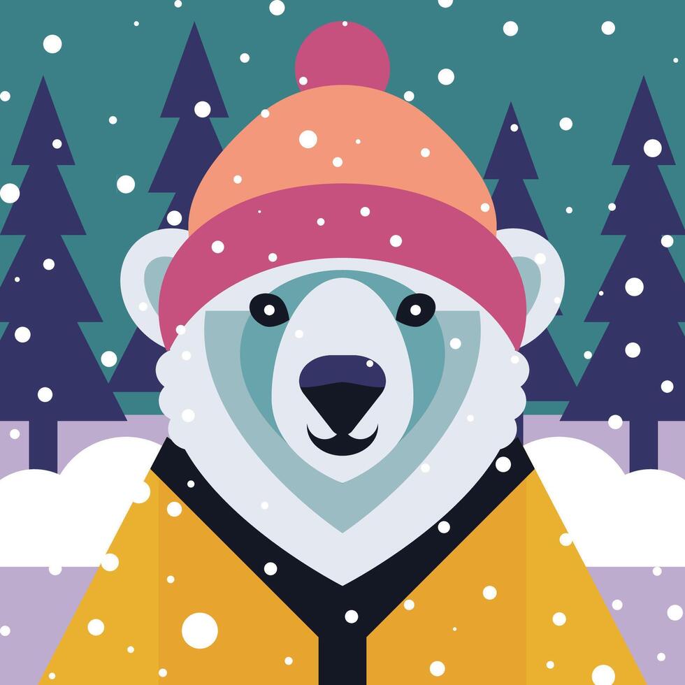 un blanco polar oso es vistiendo un chaqueta y un sombrero. vector ilustración en geométrico estilo. diseño elemento para carteles, huellas dactilares para ropa, pancartas, cubiertas, sitios web, social redes, logo